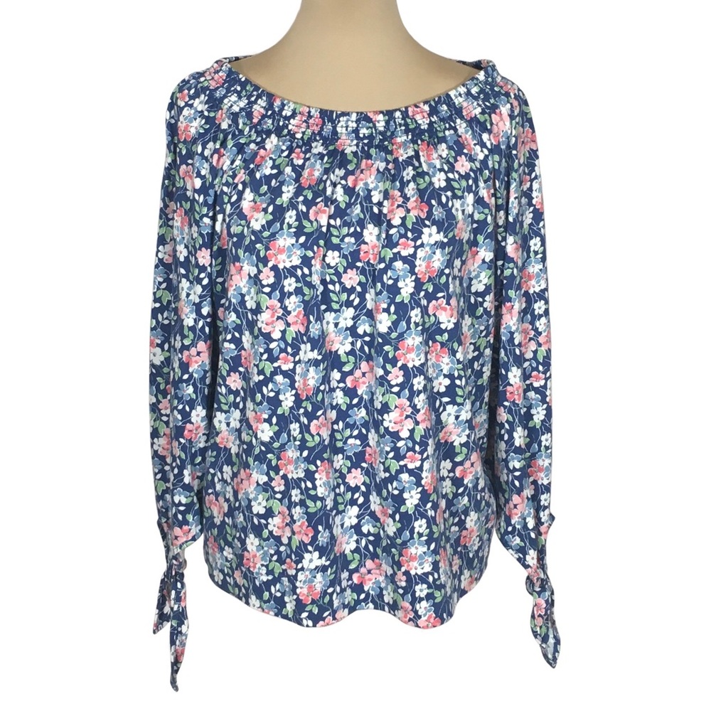 Chaps Dark Blue & Pink Floral 3/4 Sleeve Blouse, Petite Medium, NWT